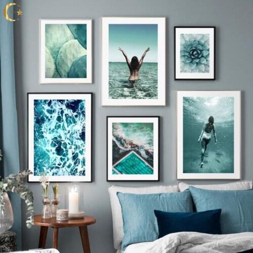 Blue Sea Canvas Painting Swimming Girl Flower Cactus Nordic Posters and Prints Wall Art Pictures for Living Room Home Decor