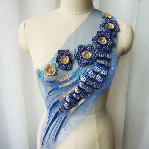 Royal Blue Flower Lace Fabric Sequin Tassel Embroidered Gown Appliques Collar Mesh Sew Patch For Wedding Decoration Dress DIY