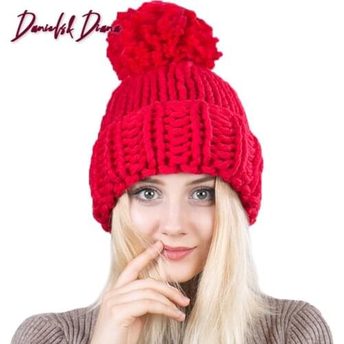 New handmade rough wool knitting big wool ball knitting hat warm lady hemp hat