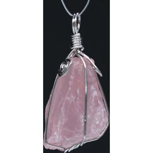 Kraft-beads Trendy Silver Plated Wire Wrapped Irregular Shape Natural Rose Pink Quartz Pendant For Female Jewelry
