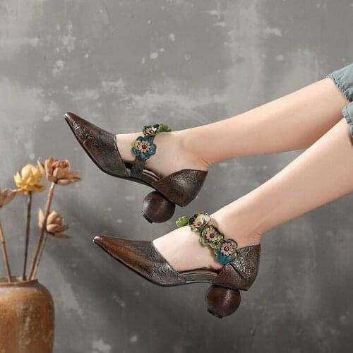 Women Leather Sandals High Heels Pointed Toe Summer Shoes Women Gray Flower Sandals Women Handmade Genuine Leather Shoes Slip On
