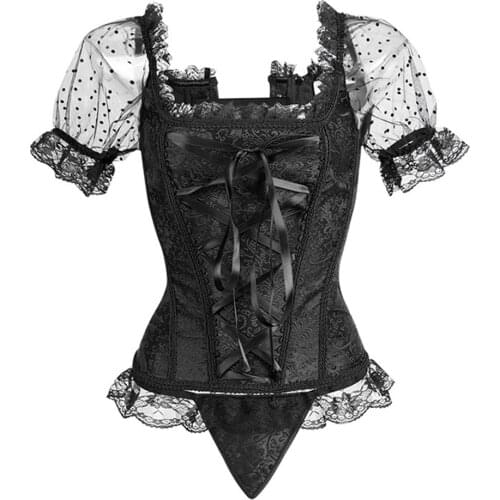 Sexy Womens Overbust Lace up Corset Off Shoulder Top Burlesque Costumes Floral Bustiers Straps Sleeve Vintage with Thong