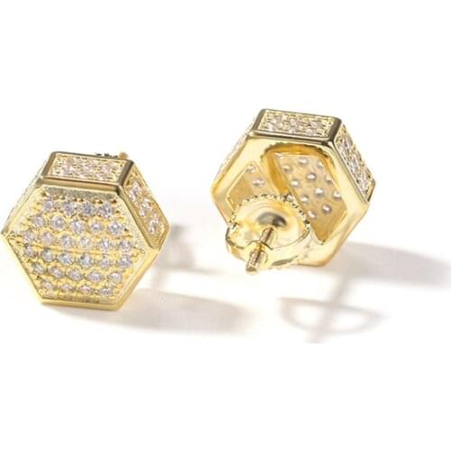1Pair S925 Sterling Silver Geometric Hexagon Stud Earrings Bling Ice Out Hip Hop CZ Earrings for Men Rapper Jewelry