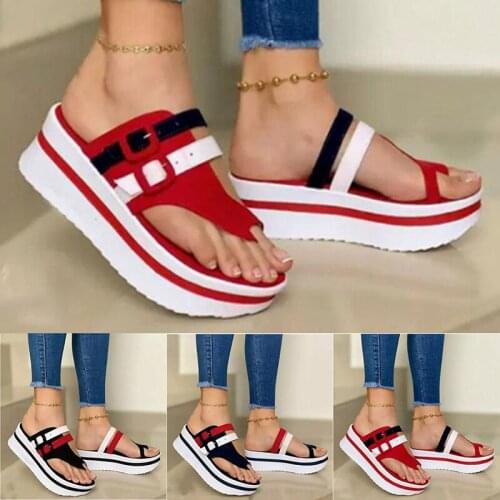 Women Summer Slippers Flip Flops Wedges Pu Ladies Shallow Patchwork Shoes Casual Thick Bottom Belt Buckle Slippers