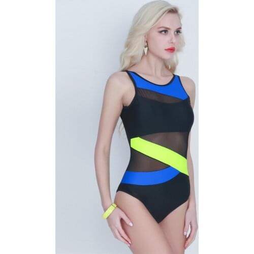 Sports Sexy Swimwear Women Swimsuit Soft Cup Mesh Solid Patchwork Stripe Swim Suit U-Shaped Back Swimsuit
