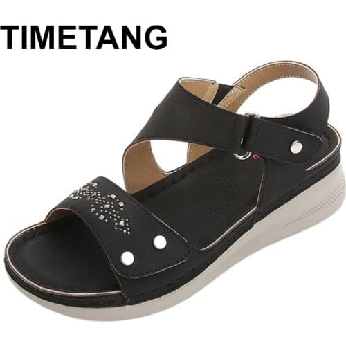 TIMETANGSummer Women Flats Wedge Soft Leather Shoes Casual Sandals Women Sandals Fashion Mother Beach Shoes Open Toe Drop Shippi