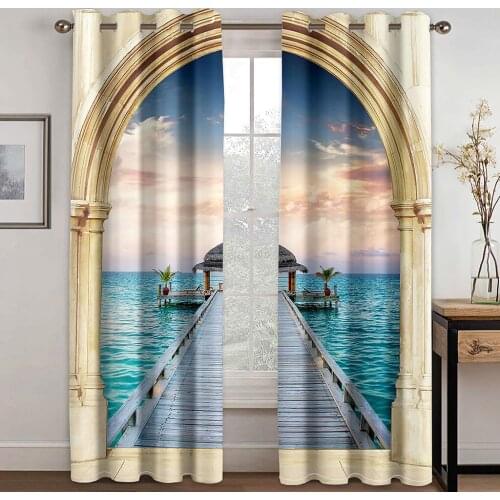 High quality custom 3d curtain fabric blue seaside curtains modern living room curtains Decoration curtains