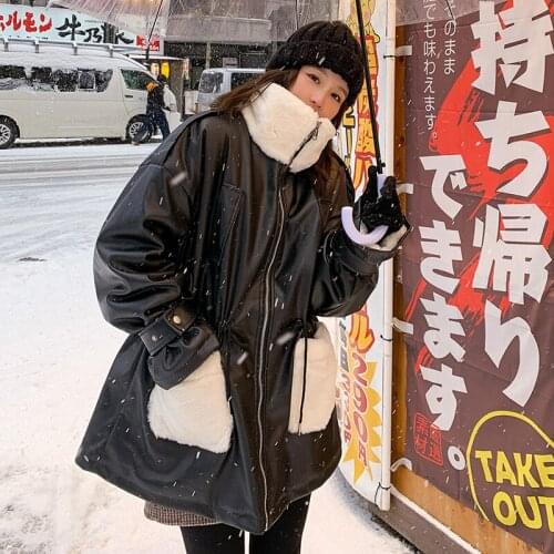 Women Leather Jacket Winter 2021 New Korean Retro Plus Velvet Thick Rabbit Fur Lining Stitching Loose Lapel PU Motorcycle Coat3Q