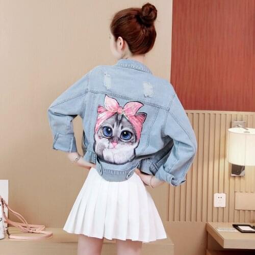 Women Casual Short Denim Jacket Woman Sequins Cat Printed Jeans Jacket Ladies Plus Size 5XL Outerwear Ripped Holes Denim Coats
