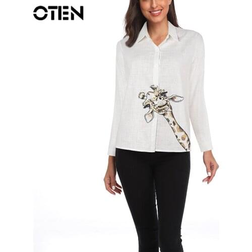 OTEN 2020 Printed Shirt Women Blouse Casual Notched Neck Simple Pattern Button Cardigan Office Ladies Streetwear Tops Female Cre