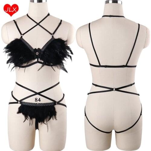 JLX.HARNESS Women Sexy Lingerie Exotic Apparel Feather Bondage Harness Set Goth Punk Body Harness Fetish Crop Top Cage Bra