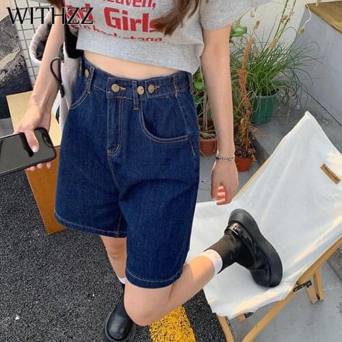 WITHZZ Spring Summer Womens High Waist Loose Adjustable Waist Buckle Wide Leg Jeans Denim Shorts