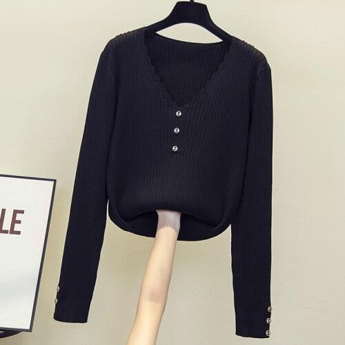 2021 Spring Autumn Button Sexy V Neck Sweater Women Basic Slim Pullover Women Sweaters And Pullovers Knit Jumper Tops