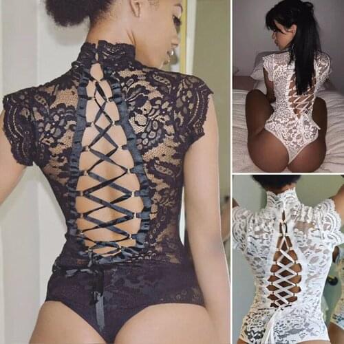 Women Erotic Sex Lingerie Turtleneck See-Through Lace Floral Sleeveless Bow Bandage Skinny Underwear Elegnat Sexy Lingerie