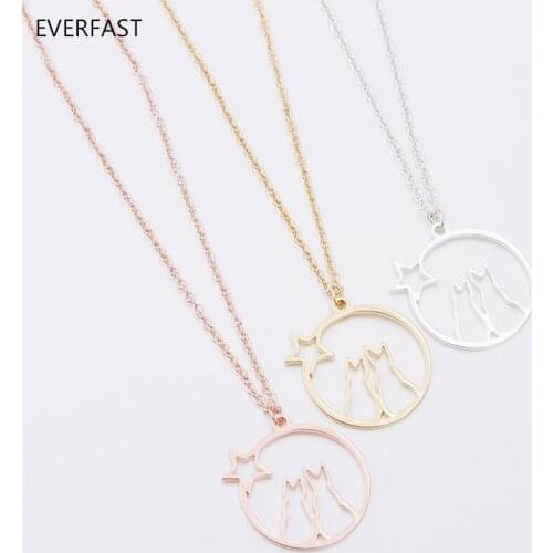 Everfast 1pc Cat Pendant Necklaces Two Sitting Cats Watching Star Collar Necklace Anime Best Friends Lovers Bijoux femme