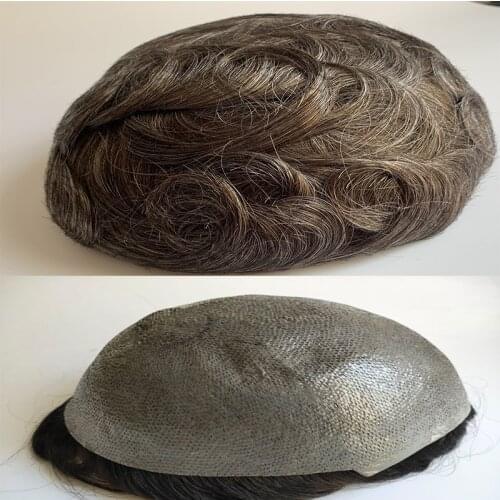 100% Human Hair Grey Male Wig Durable Poly Skin Toupee Mens Hair Pieces System Real Hair Silicone Base Man Toup