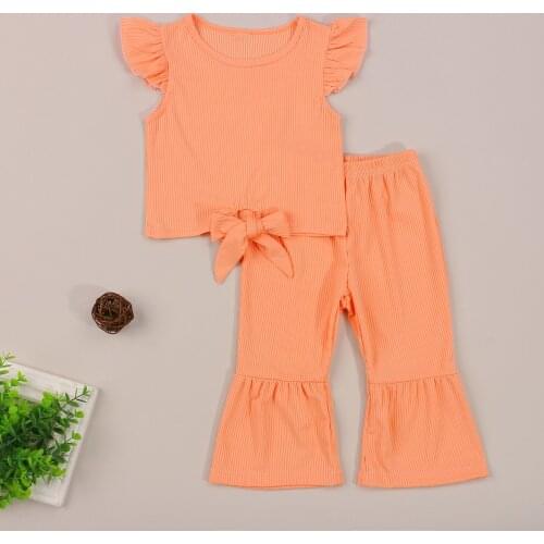 Summer 2Pcs Kids Casual Outfits Solid Color Ruffled-Sleeves Knotted T-Shirt + Flared Trousers for Girls 18 Months to 6 Years