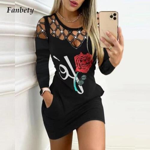 2021 Elegant Rose Print Pocket Mini Dress Women Autumn Casual O-Neck Long Sleeve Party Dress Lady Sexy Hollow Out Dress Vestido