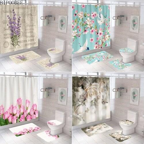 Rose Flower Print 3D Shower Curtain Flannel Carpet for Bathroom Decoration Natural Plants Bath Curtains Toilet Lid Cover Mat