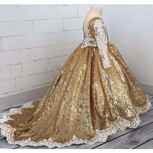 White Lace Golden Flower Girl Dresses For Wedding Long Sleeve White Lace Applique Girls Celebrity Gowns 100% Real Photos