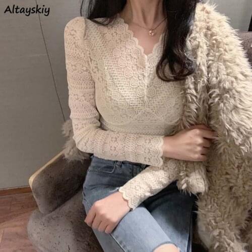 Blouses Women Sexy V-neck Slim Floral Autumn All-match Hollow Out Vintage Femme Tops Ulzzang Temperament Stretch Ladies Blusas