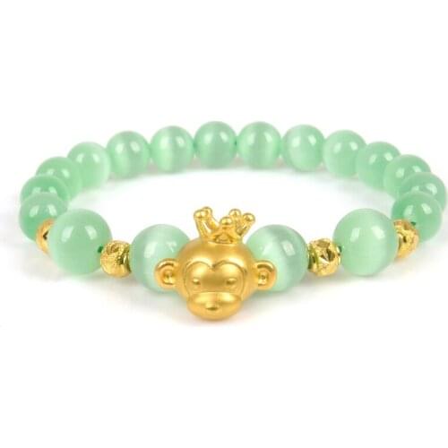 Pure 24K Yellow Gold Bracelet Womans Man Luck Zodiac Monkey Bead Green Cat'eye Stone Bracelet 6.3inchL Luck Link Chain 1.5-2g