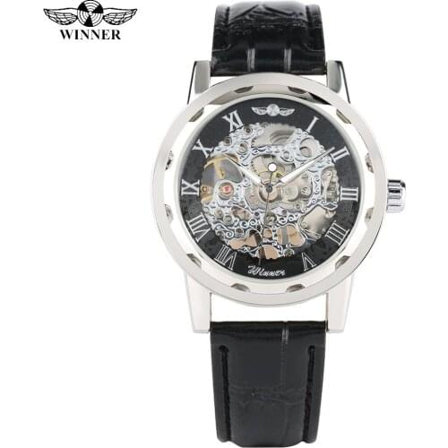 Fashion Skeleton Watch Mechanical for Men Silver Case Watch for Teenagers Business Hand-Wind Mechanical Watches for Boy