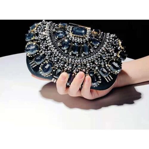 Embroidery Vintage Style Diamonds Small Day Clutch With Acrylic Black Color Wedding Bridal Handbags Holder