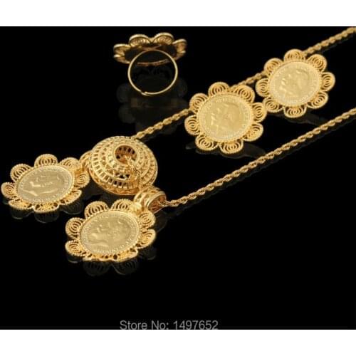 New Arrival Ethiopian Necklaces Pendants Rings & Earrings Set Gold Filled Wedding Jewelry African Bridal Coptic Abyssinia