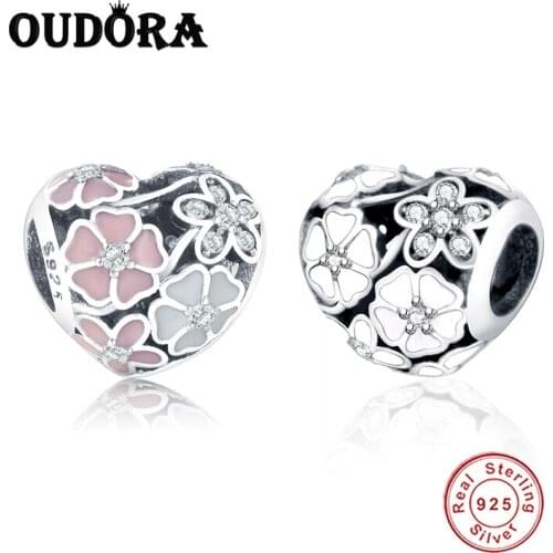 Fit Pandora Charms Bracelet Silver 925 Original Flower Poetic Blooms Charms Heart Beads for DIY Women Jewelry Berloque Making
