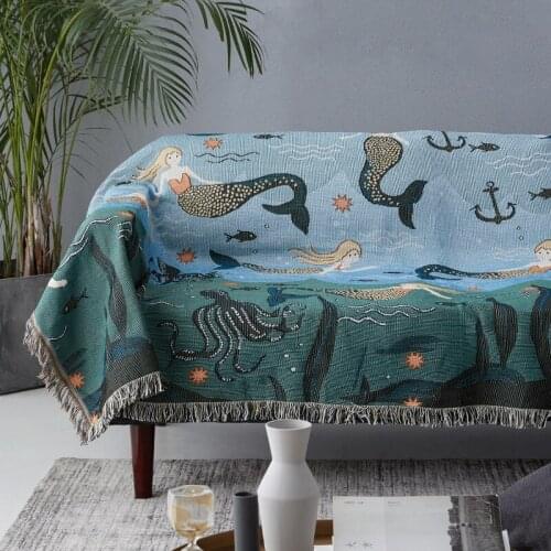 Mermaid Pattern Sofa Throw Blanket Knitted Chair Sofa Cover Towel Couch Carpet Soft Cotton Travel Cover Bedding Tapestry