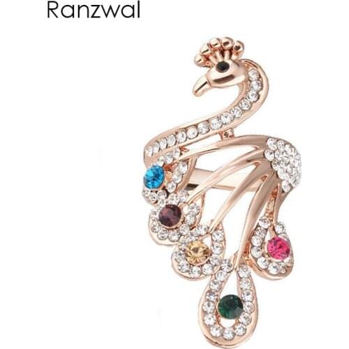 Ranzwal Rose Gold Peacock Knuckle Rings for Women Multicolored Rhinestones Inlaid Ring Fashion Jewelry Gifts US SIZE 6~9