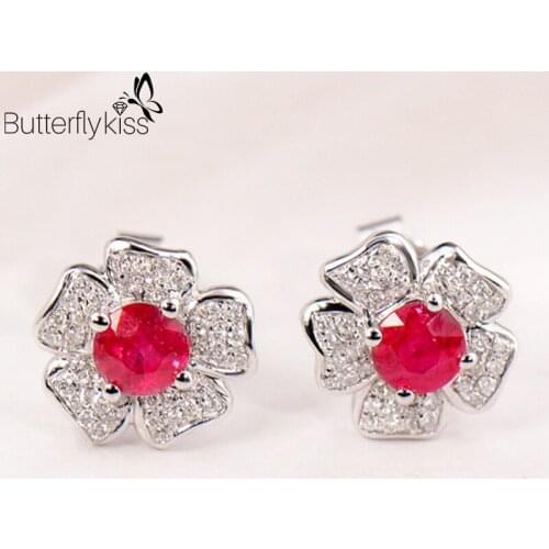 BK 18k White Gold Stud Earrings Natural Ruby Gemstone 1.22ct Genuine Gold 585 Flower Shape Wedding Fine Jewelry For Women