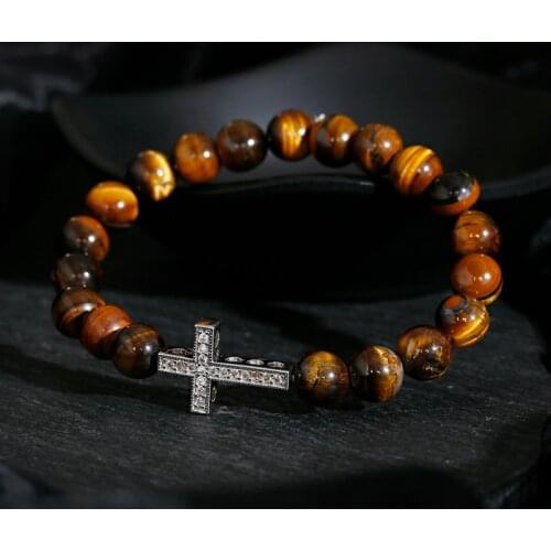Charm White Zircon Cross Bracelet Pulsera Hombre Handmade Classic Tiger Eye Stone Beaded Bracelet Yoga Prayer Jewelry