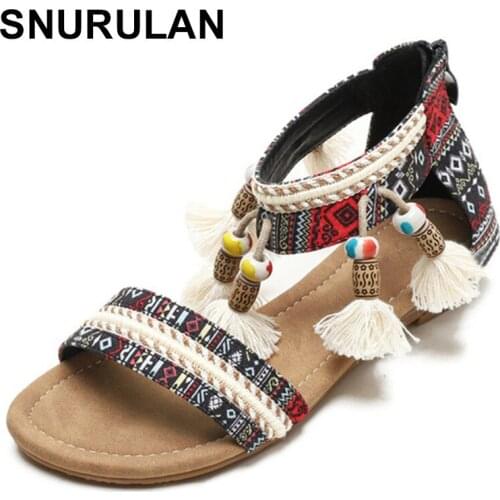 SNURULAN Summer Bohemian Slope Heel Ladies Sandals European and American Fairy Style Open Toe Flats Hanging Beads Travel Roman