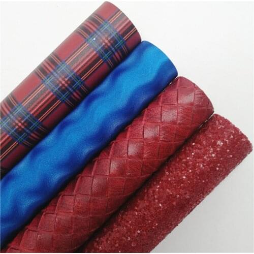 Wine Chunky Glitter Leather Sheets Tartan Printed Synthetic Leather Felt Backing Weave Wave Faxu Fabric For BOW DIY 21X29CM G542