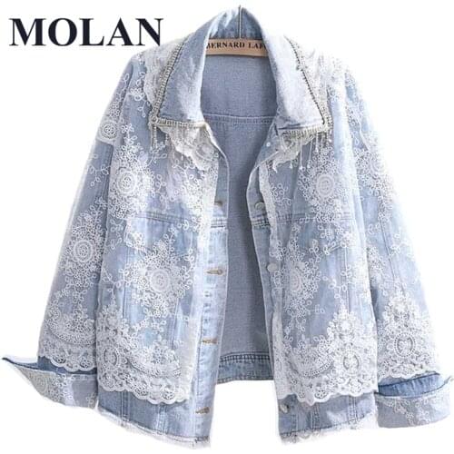 Woman Chic Peals Denim Jacket Lace Print High Street Long Sleeve Singal Breasted Outwear 2021 New Female Fashion Coat