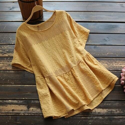 Fashion New Summer Women Japan Style Simple Embroidery Hollow out T-shirt Women Solid Color Cotton Loose t-shirt Tops 2020