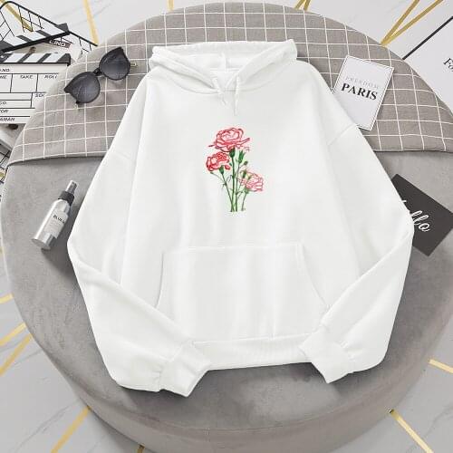 Women Flower Printed Hoodies Casual Loose Autumn Korean Style Long Sleeve Hooded Sweatshirts Fleece Warm Sport Pocket Pullovers