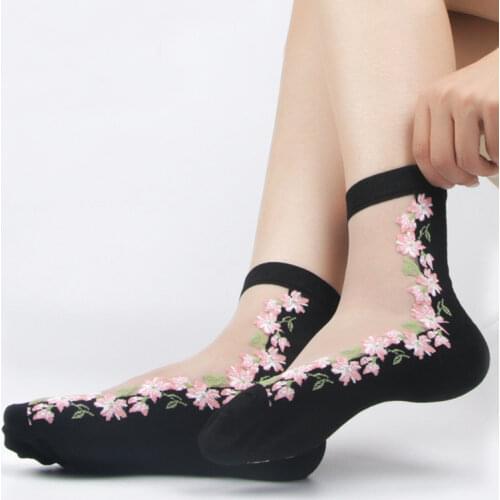 1Pair Summer Women Female Thin Crystal Glass Silk Transparent Elastic Socks Fashion Stretch Ultrathin Flower Hose Hosiery