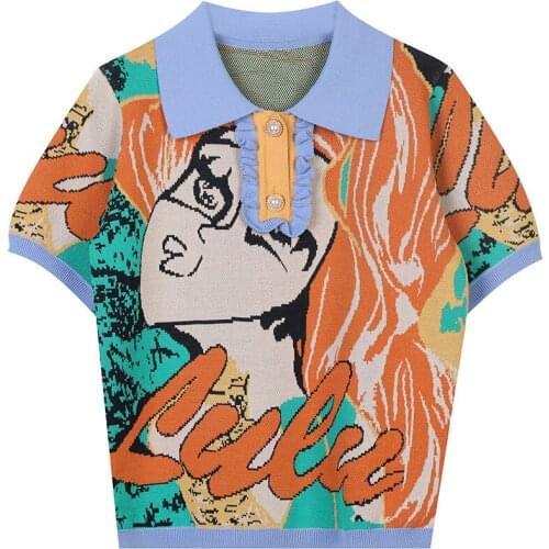 Ladies Printed Pattern Lapel Knitted Sweater Pullover Casual Abstract Cartoon Sweater Top New Fashion Thin Knitted Pullover 2021