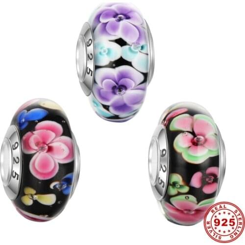 5pcs Authentic 925 Sterling Silver Core Flower Big Hole Lampwork Glass Beads Fit European Charm Bracelet Women Jewelry DSG11
