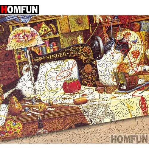 HOMFUN Full Square/Round Drill 5D DIY Diamond Painting "Cat sewing machine" 3D Embroidery Cross Stitch 5D Home Decor A17607