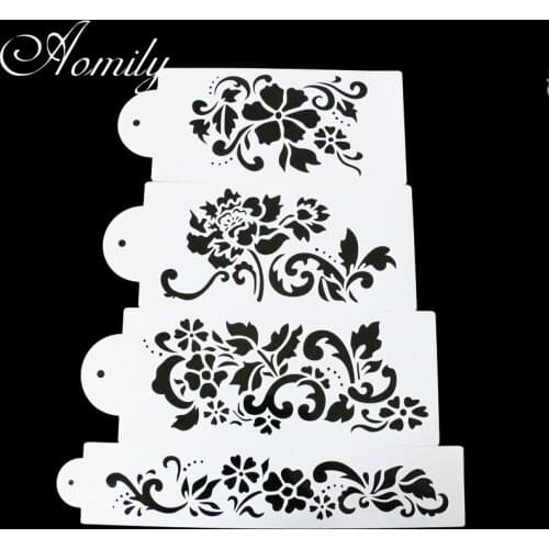 Amoliy 4pcs Plastic Cake Stencil Flower Spray Stencils Wedding Cake Decorating Stencil Fondant Mold Pattern Printing Pastry Mold