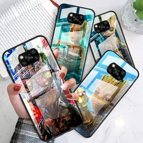 Groot Marvel Avengers for Xiaomi POCO X3 NFC F3 M2 X2 F2 Redmi K30 Redmi Note 9 Pro Luxury Tempered Glass Phone Case Cover