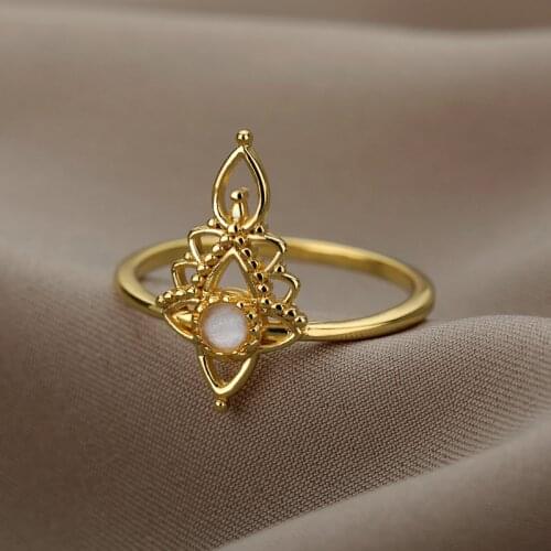 ICFTZWE Vintage Opal Rings For Women Stainless Steel Gold Finger Ring Accessories Wedding Party Best Friend Jewerly Gifts