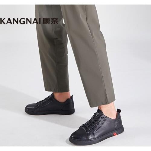 KANGNAI Men Leather Shoes Genuine Lace-Up Sneakers Outdoor Walking Flats Lightweight Casual Shoes