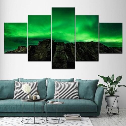 Canvas Painting The top of mountain and green aurora landscape 5 Pieces Wall Art Painting Modular Wallpapers Poster Print