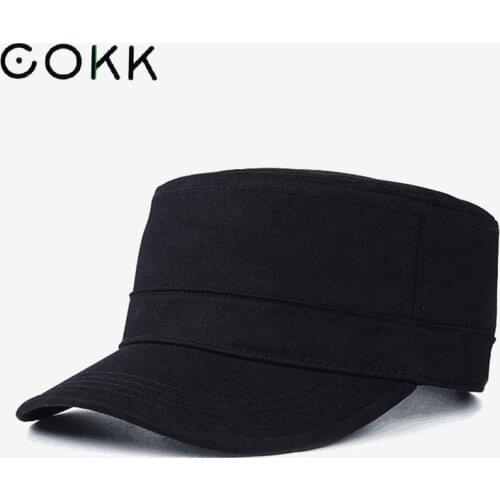 COKK Military Cap Hats For Men Women Cotton Solid Color Black Army Flat Cap Ladies Military Hats Adjustable Big Size Bone Male