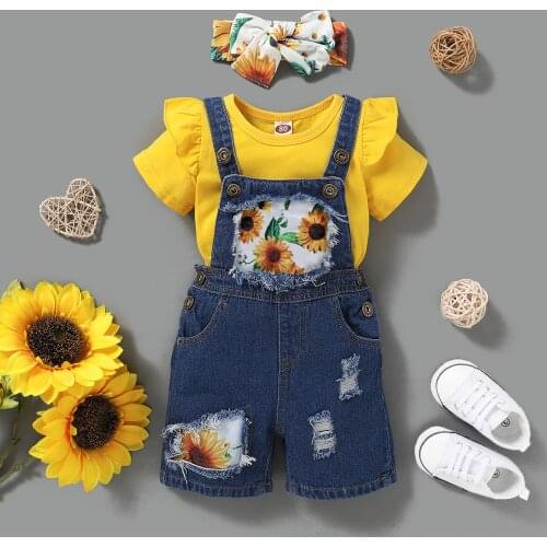3Pcs Toddler Kids Baby Clothes Sets Summer Solid Color T-shirt+Sunflower Printed Suspender Jeans With Headband Outfits